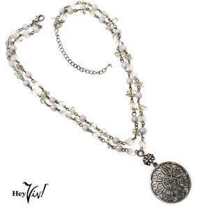 Vintage Double Strand Necklace w Intricate Round Pendant Pearly Beads - Hey Viv